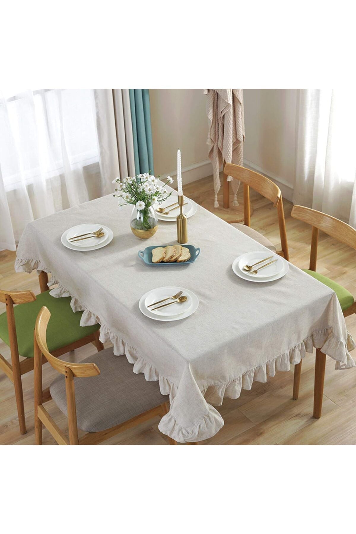 EVYA 100% Pure Cotton Linen Ruffled Tablecloth 160x220 Cm Vintage Kitchen Living Room Tablecloth 2