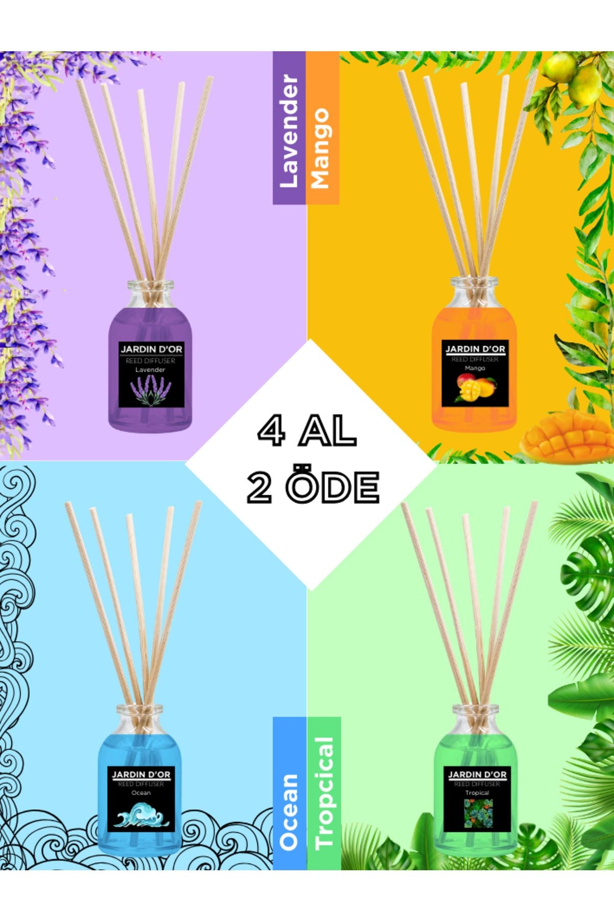 JARDIN D'OR 4'lü Çubuklu Oda Kokusu Seti - Avantajlı Paket (LAVANTA-MANGO-TROPIKAL-OKYANUS) Reed Diffuser 1