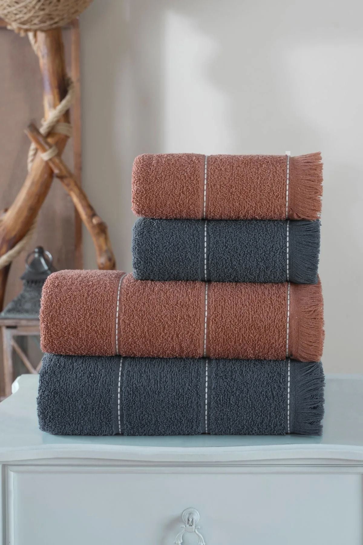 Mariva Home Bathroom Towel Set Dark Blue & Terracotta 1