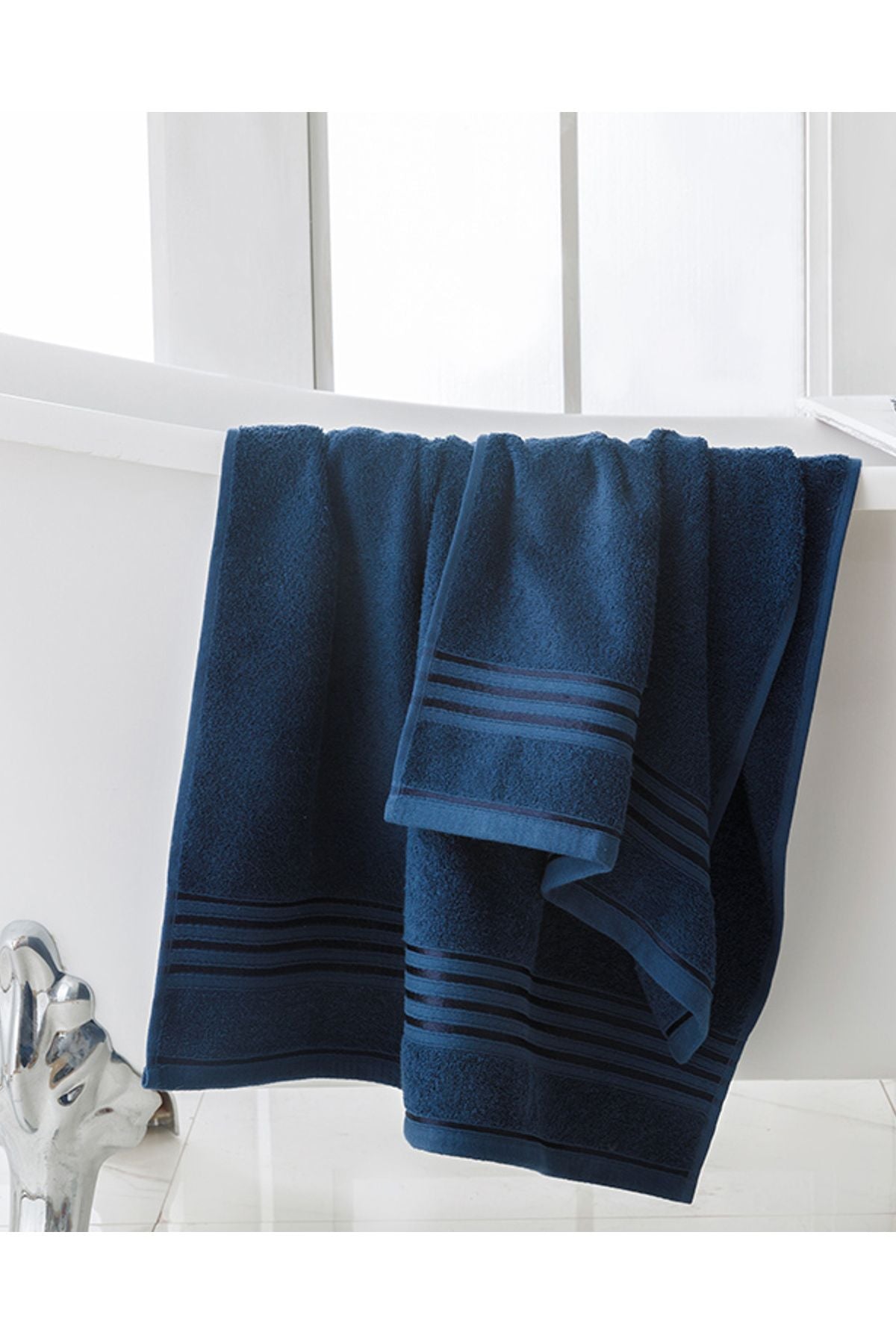 English Home Romantic Stripe Floşlu Bath Towel Set 50x85cm + 70x150cm Navy Blue 3