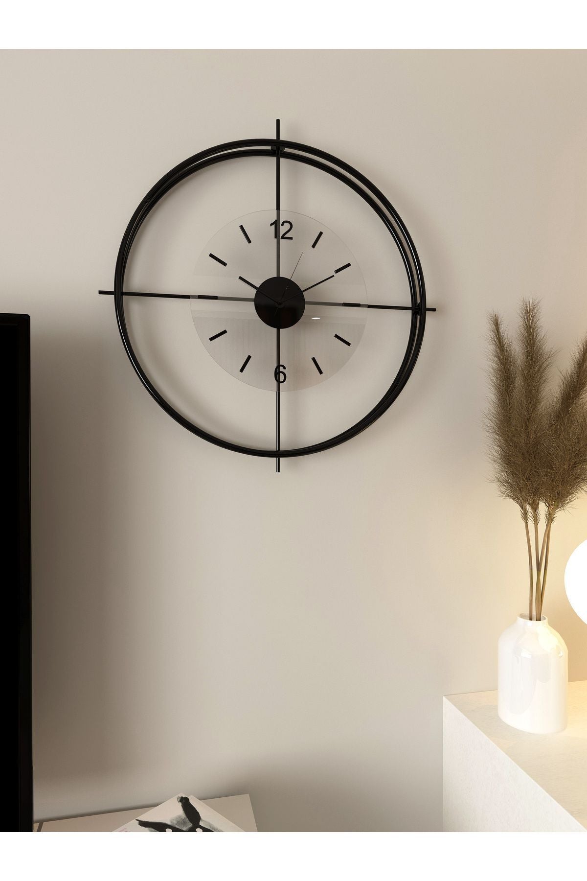 MetaQuartz Aksesuar Medium Black Deluxe Transparent Glass Scandinavian Double Ring Modern Decorative Wall Clock 5