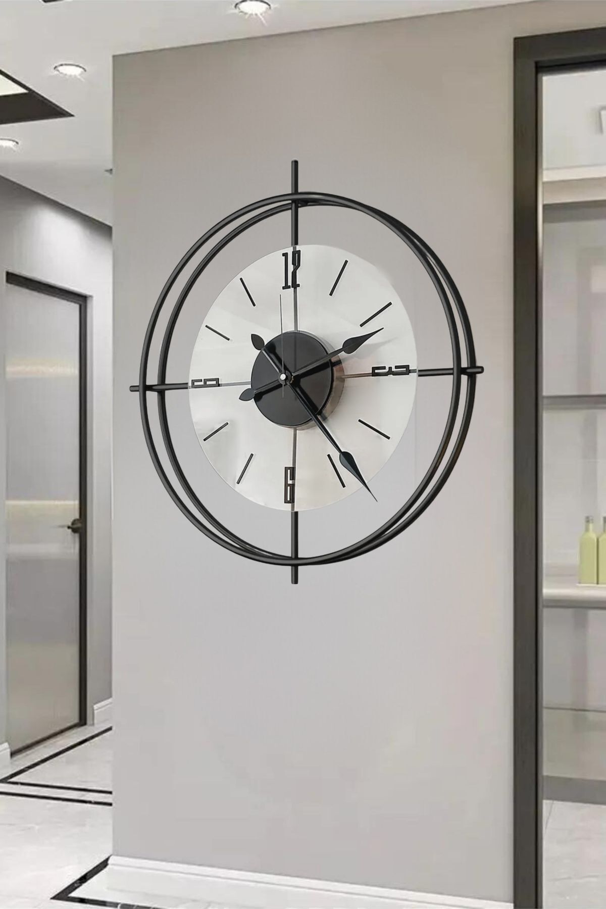 MetaQuartz Aksesuar Medium Black Deluxe Transparent Glass Scandinavian Double Ring Modern Decorative Wall Clock 6