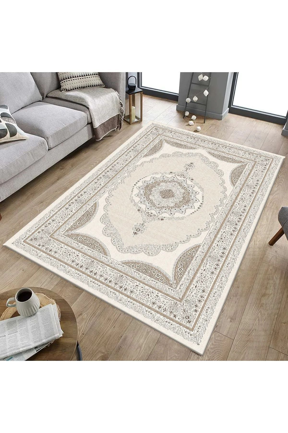 Armolin Embroidered Pattern Beige Velvet Look Elastic Carpet Cover (Without Sponge) Szz-891 1