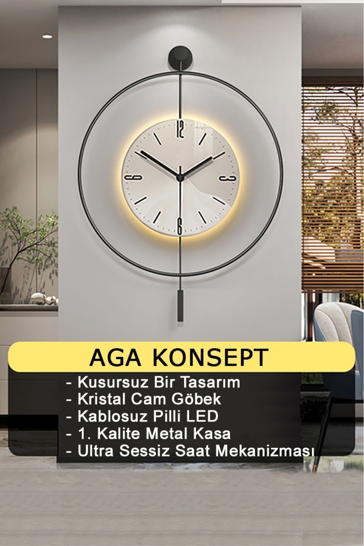 AGA KONSEPT Kristal LED Glass Tiktok 60 cm BLACK, Modern Decorative Pendulum Metal Wall Clock 2