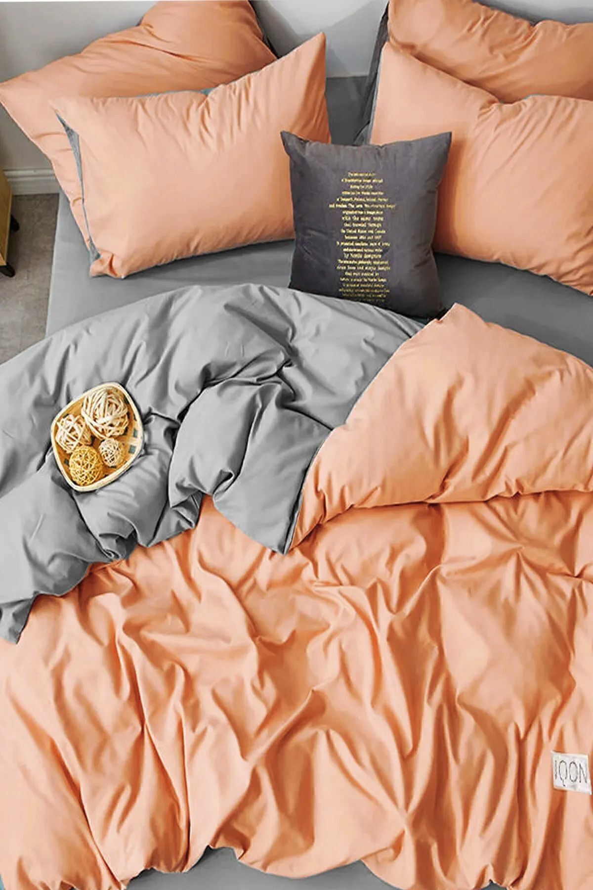 İQON Elastic Fitted Bed Sheet Duvet Cover Set Double Size Peach - Gray 200x220 cm 1