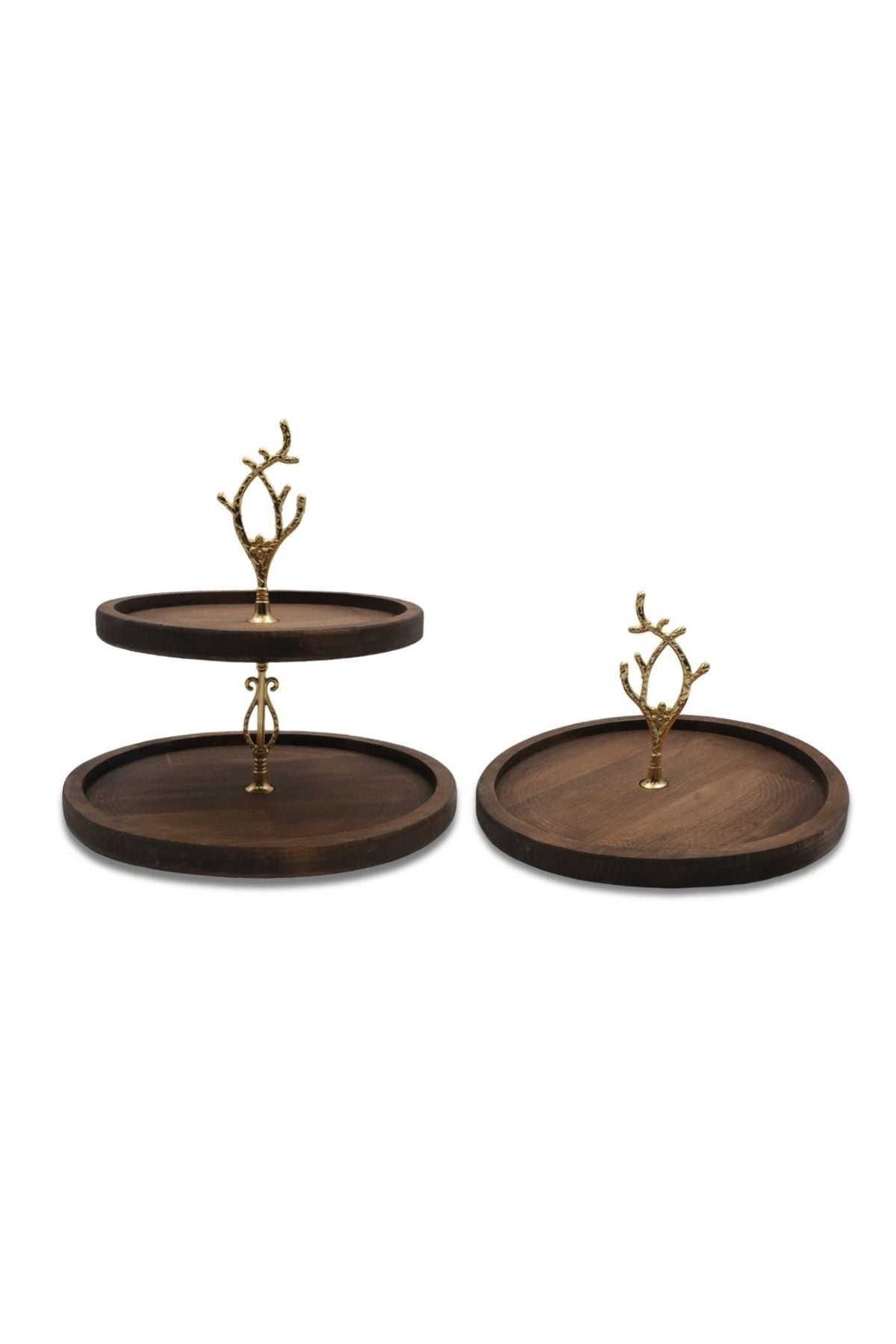 Rabo Craft 2-Tier And Single-Tier Round Handle Patterned Wooden Cake And Dessert Stand, Serving Plate 2