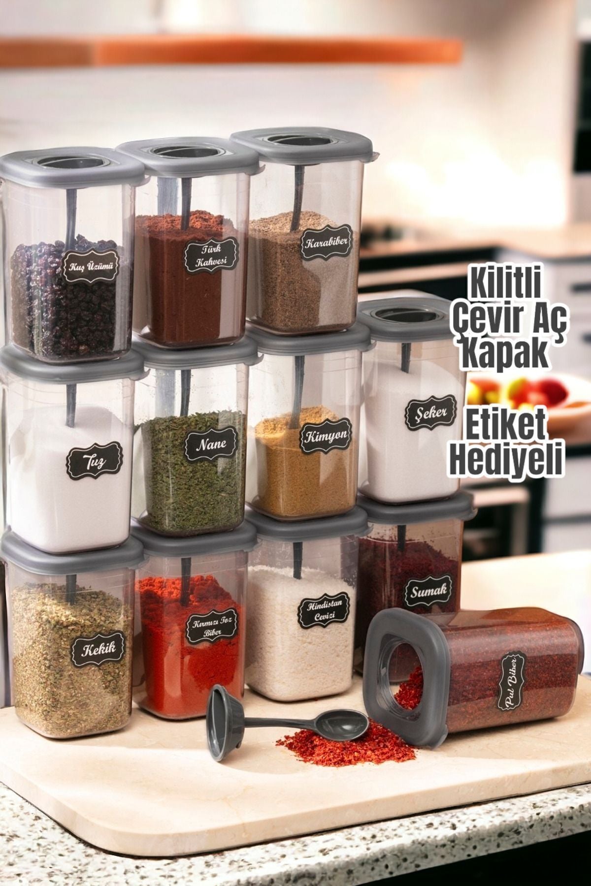 KATE HOME 12-Piece 450ml Labeled and Lockable Spice Jar Set with Built-in Spoon - Label Gift 2