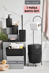 ORSA HOME 7 Piece Black Bathroom Set with Metal Stand, Waste Bin, Toilet Paper Holder, Cosmetic Box, Toothbrush Holder, and Soap Dispenser 1