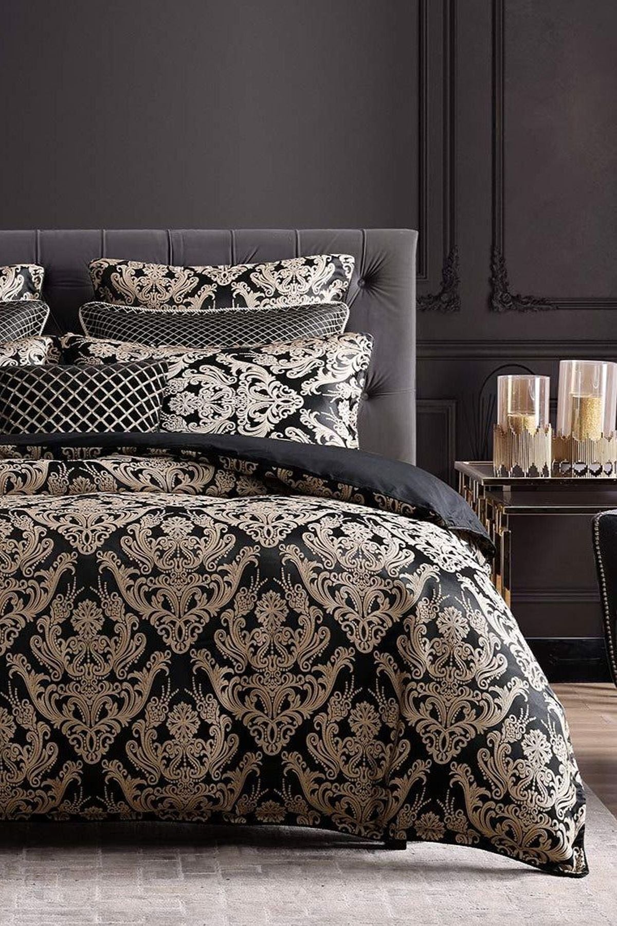 İQON Elastic Fitted Sheet Duvet Cover Set Double Damask Beige 3