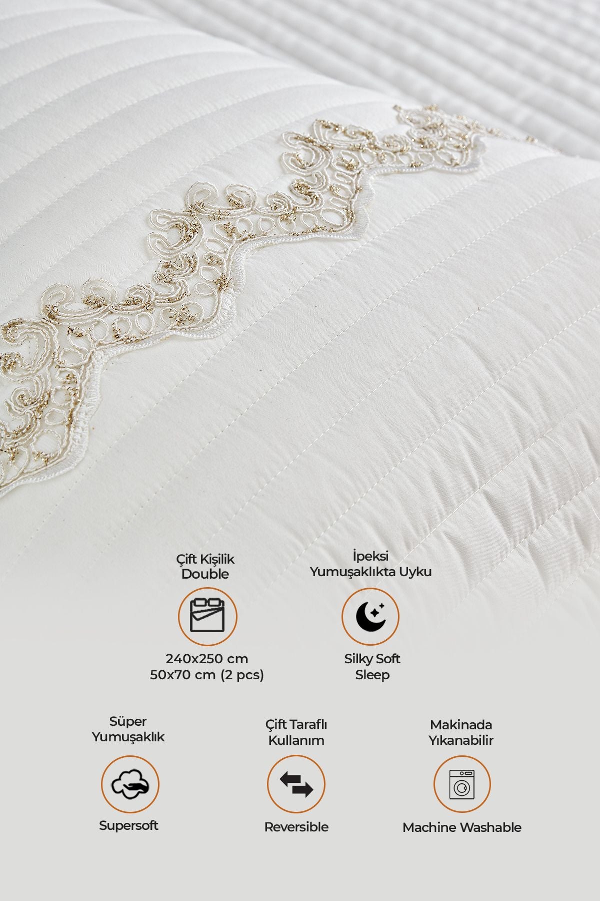 Evlen Home Collection Mihrimah Lace Double Bedspread Set (Washable Cream) 2