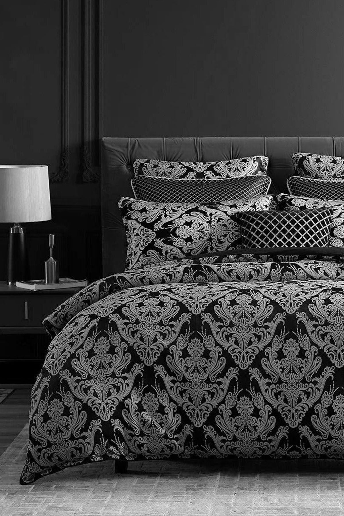 İQON Elastic Fitted Sheet Duvet Cover Set Double DAMASK Grey 3