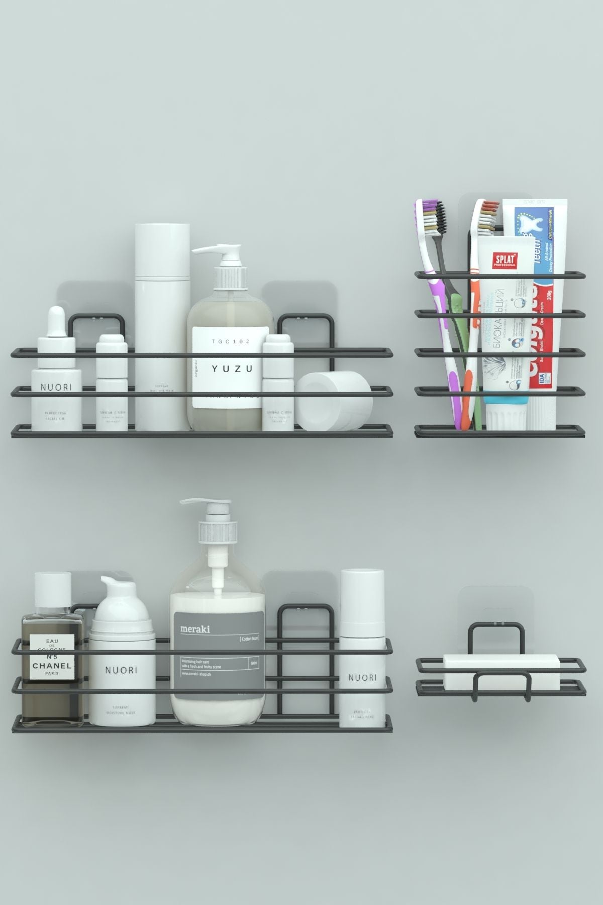 Zabata Adhesive Bathroom Set Shower Shelf + Soap Dish + Toothbrush Holder Metal Set 1