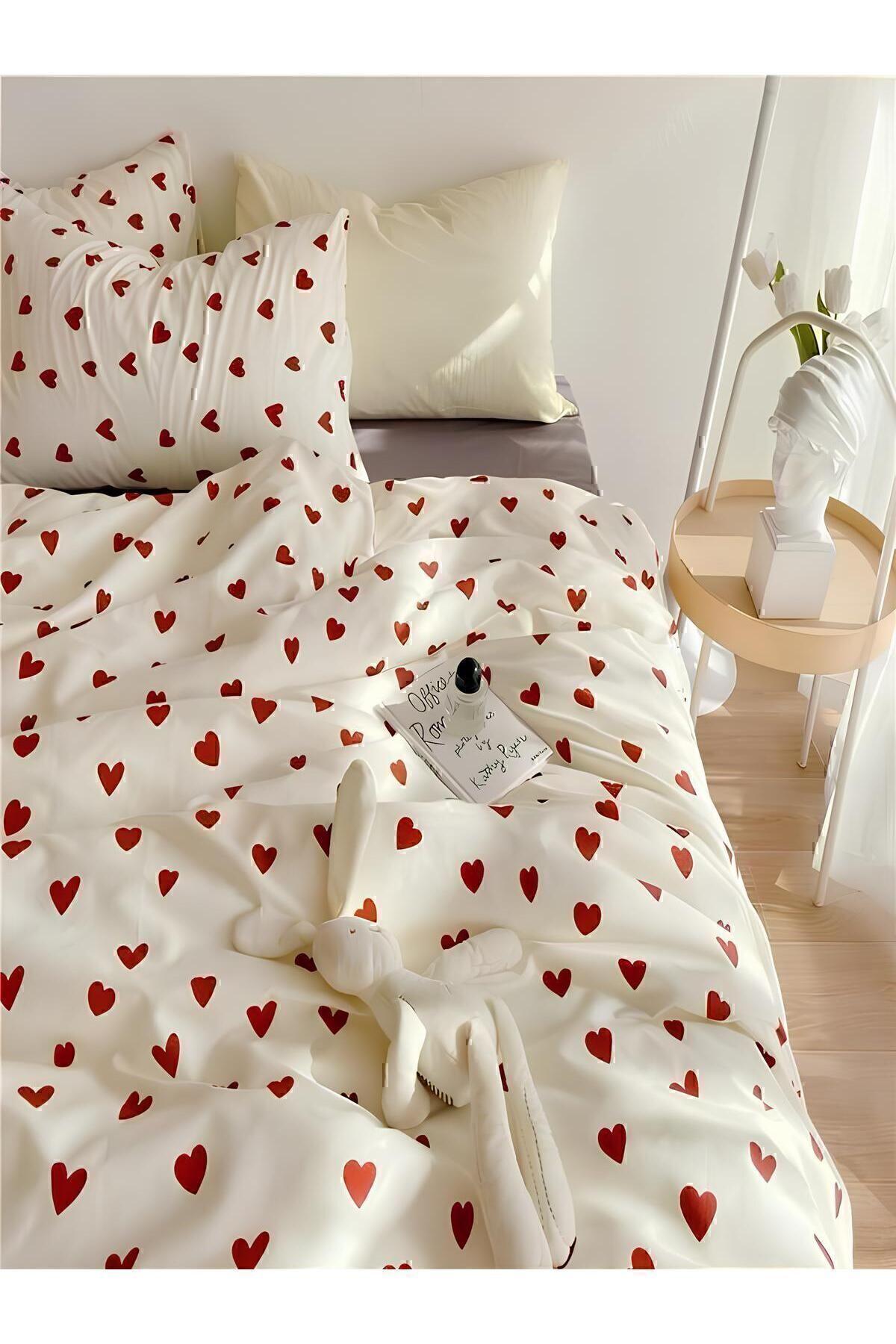 BESTİNA GOLD Double Red Hearted Cotton Duvet Cover Set (Without Sheet) 2