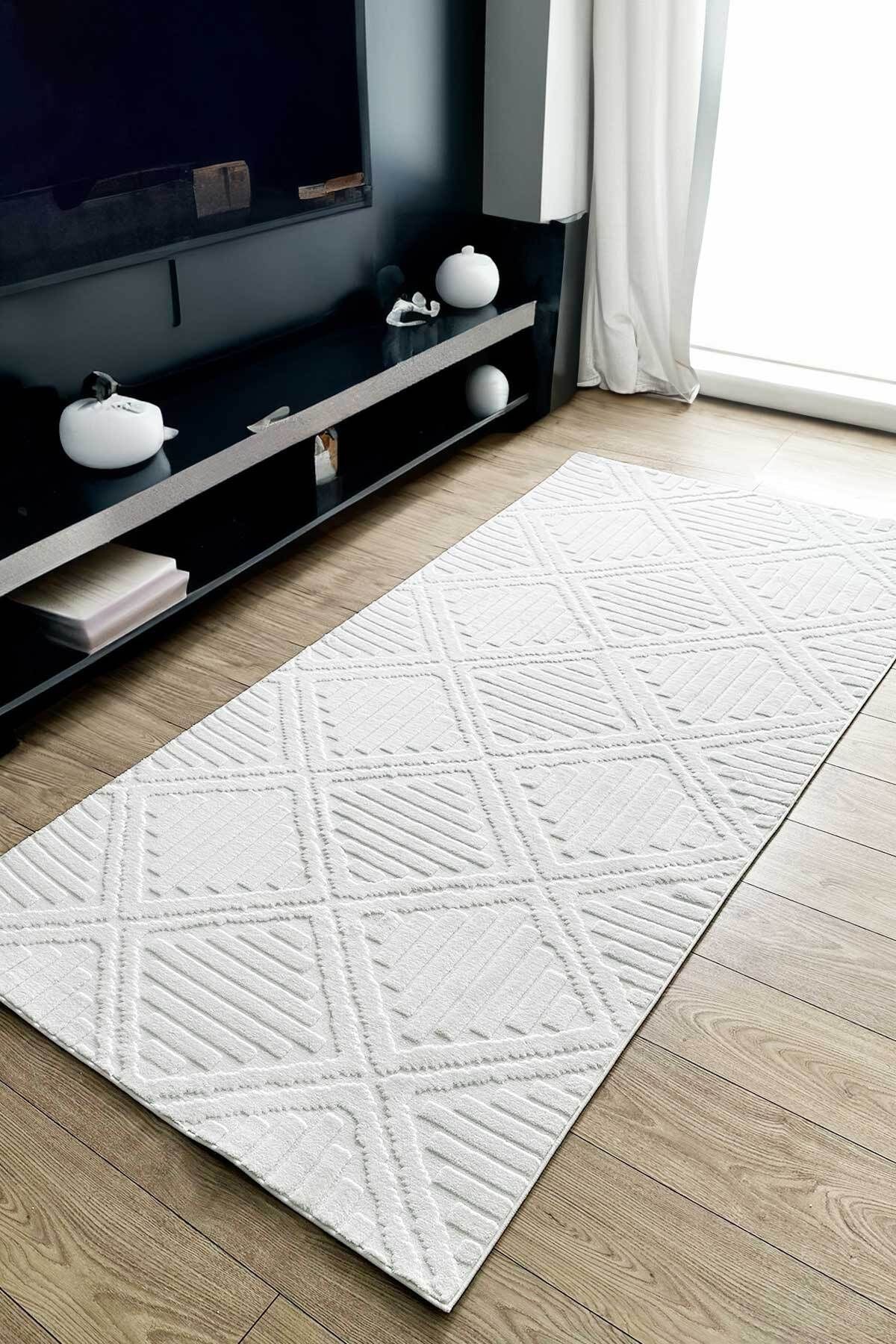 Decomia Home Hilda Scandinavian Woven Boucle Premium White Puffy Plush Runner Corridor Rug Living Room Rug 1