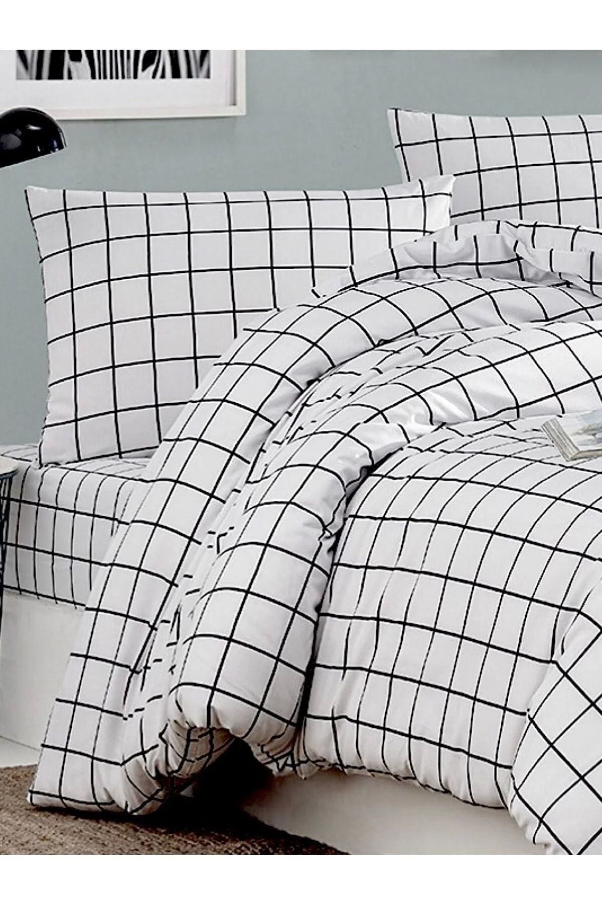 CARWEN TEKSTIL Ranfors Cotton Black and White Checkered King Size Fitted Sheet 180x200 3