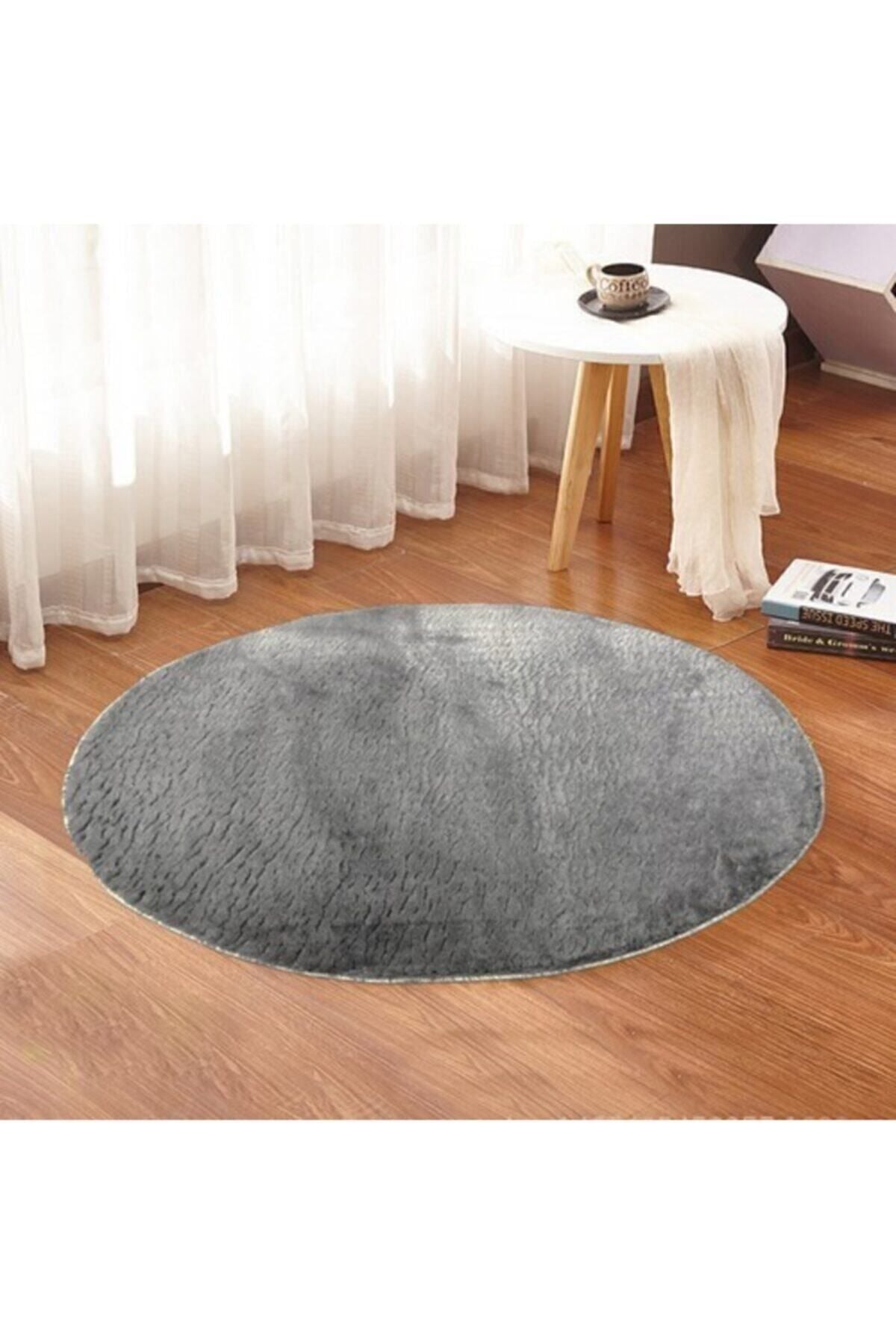 Sarar Round Plain Color Anthracite Gray Plush Non-Slip Gel Base Rug 1