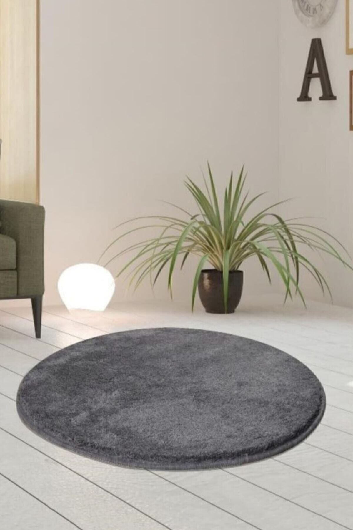 Sarar Round Plain Color Anthracite Gray Plush Non-Slip Gel Base Rug 2