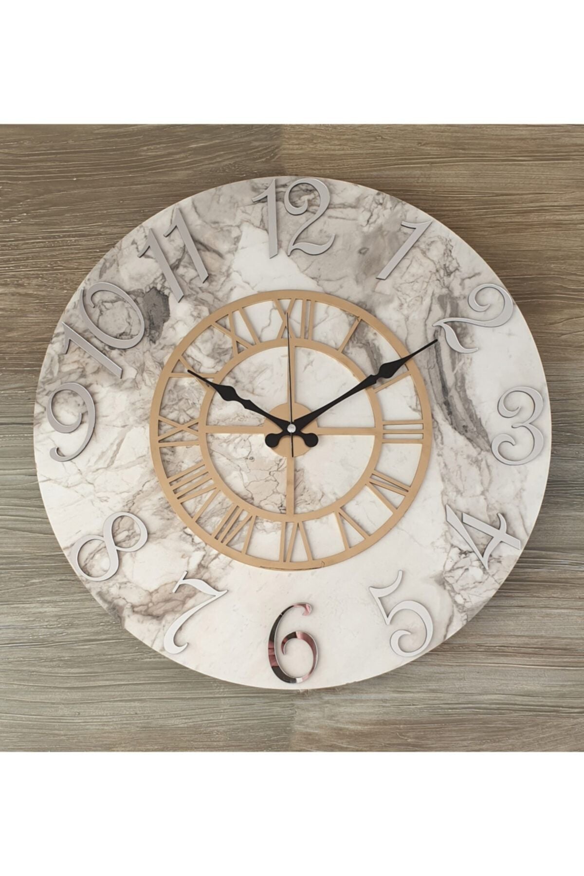 Markakanvas Marble Patterned Mirrored And Gold Colored Wall Clock Diameter 50 Cm 2