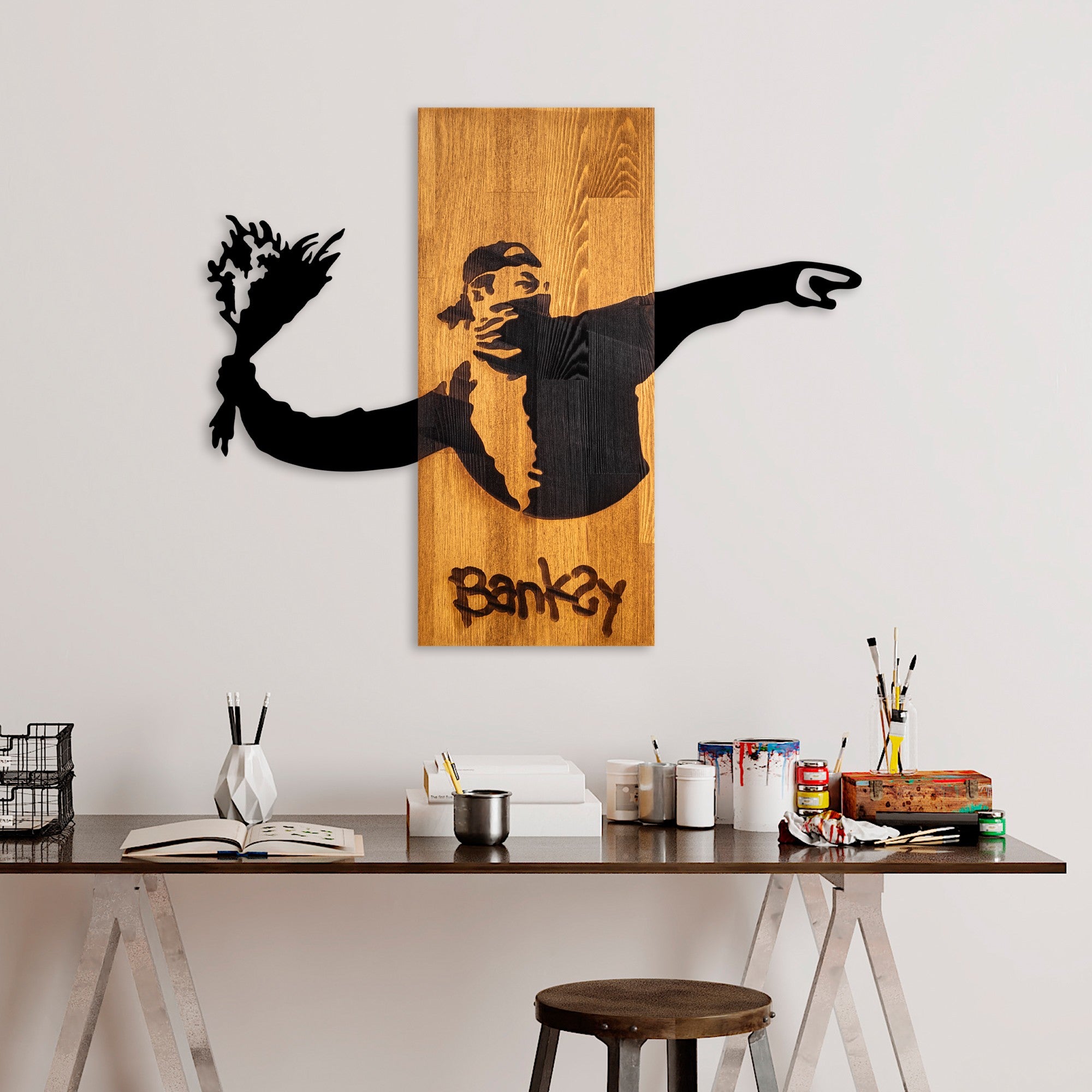 Decorative Wooden Wall Accessory Banksy - Flower Thrower Walnut
Black 899SKL2692 2