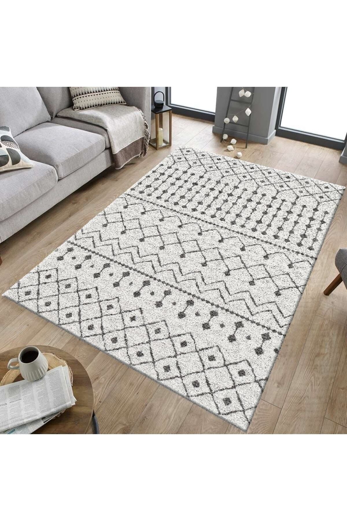 Sermod 01-Padded Cream Gray Striped Geometric Modern Decorative Carpet Cover 1