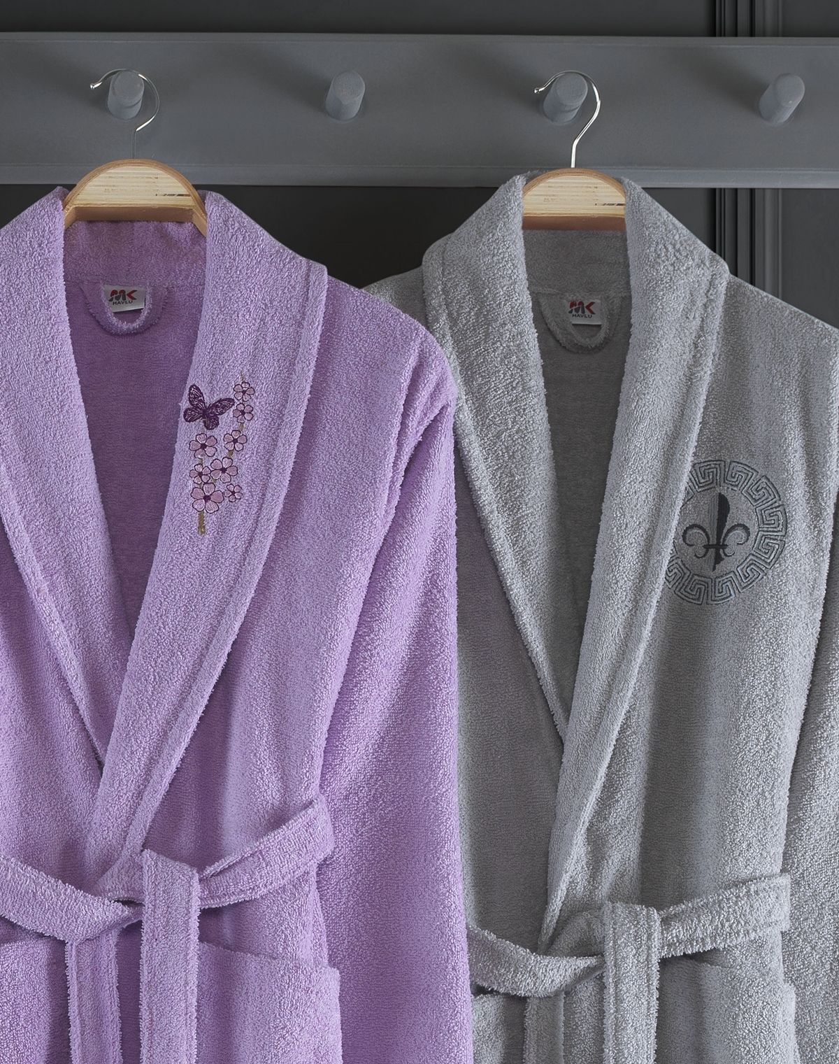 Binnur Home Alya Embroidered Cotton 4 Piece Family Bathrobe Set Lilac | Grey 2