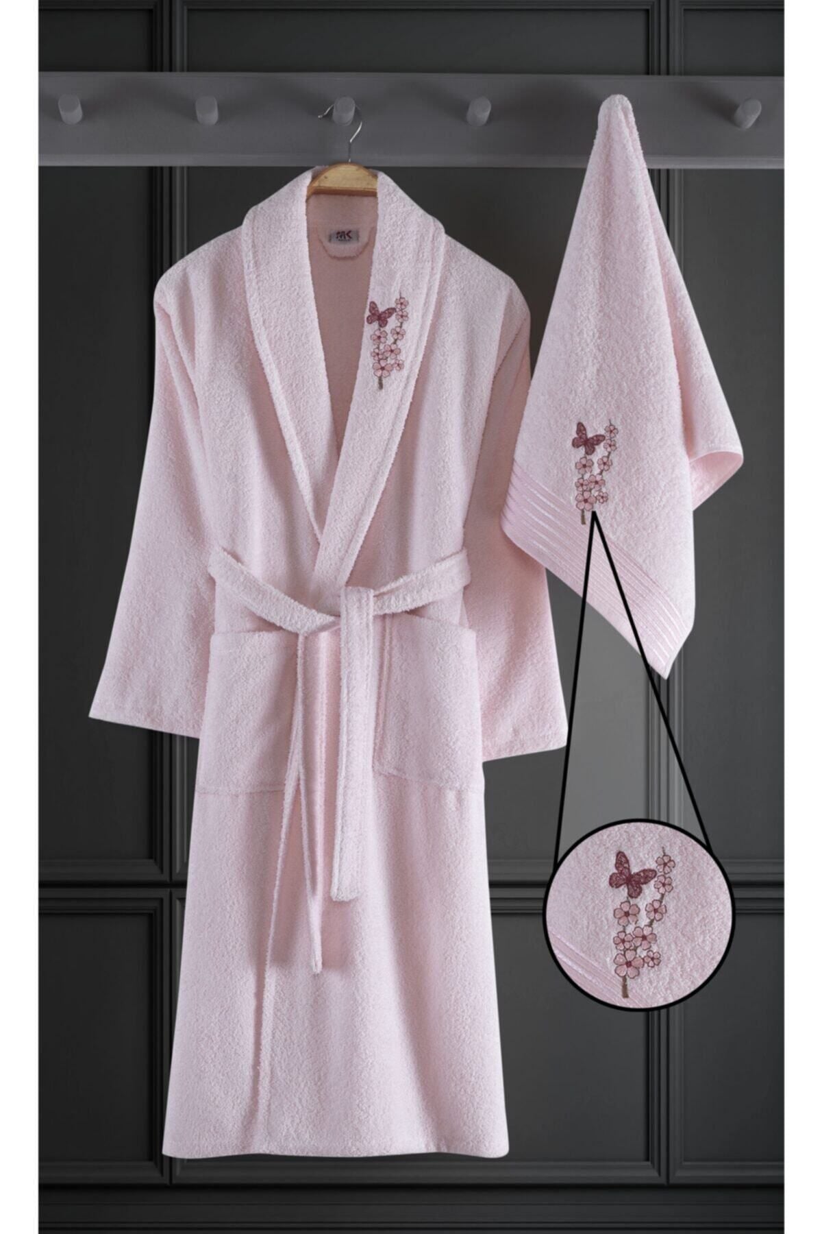 Binnur Home Alya Embroidered Cotton 2-Piece Bathrobe Set Pink 1