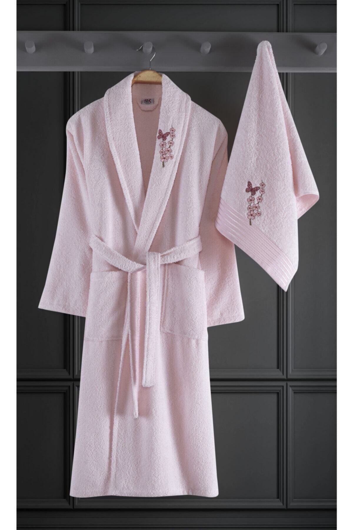 Binnur Home Alya Embroidered Cotton 2-Piece Bathrobe Set Pink 2