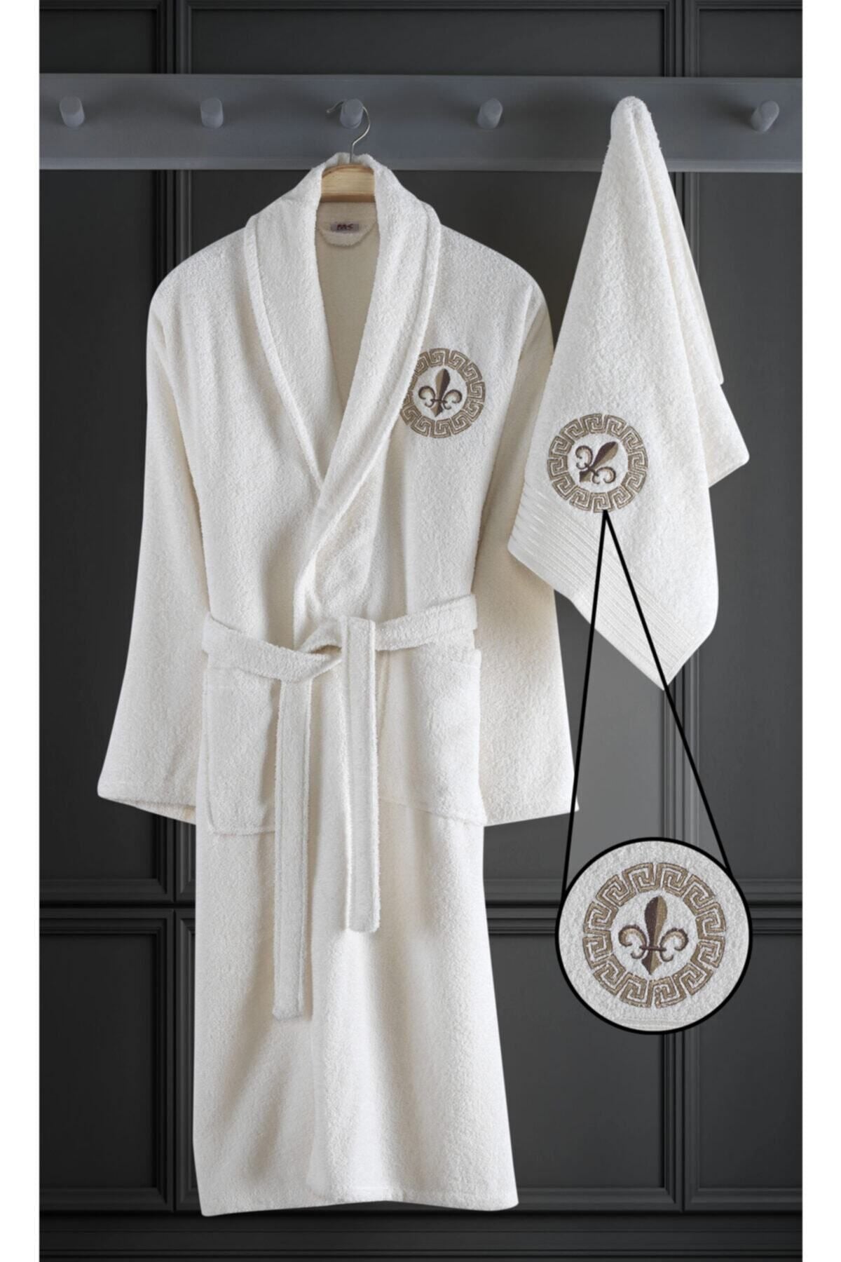 Binnur Home Alya Embroidered Cotton 2-Piece Bathrobe Set Cream 1