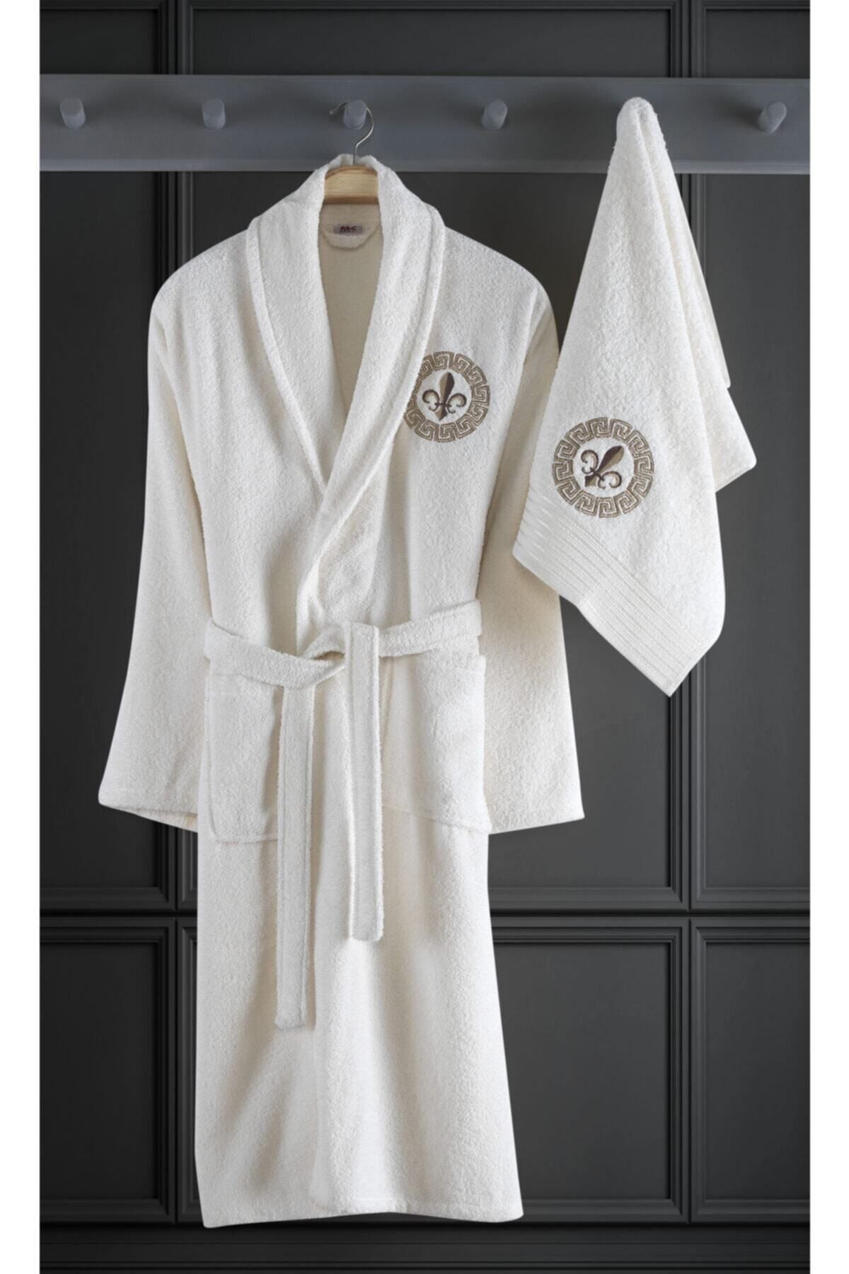 Binnur Home Alya Embroidered Cotton 2-Piece Bathrobe Set Cream 2