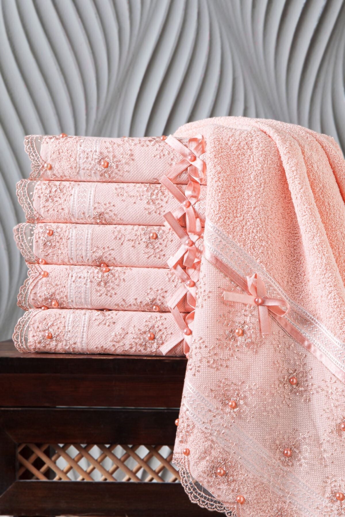 Kardelen 100% Cotton Beaded Lace 6-Piece Towel Set 50x85 1