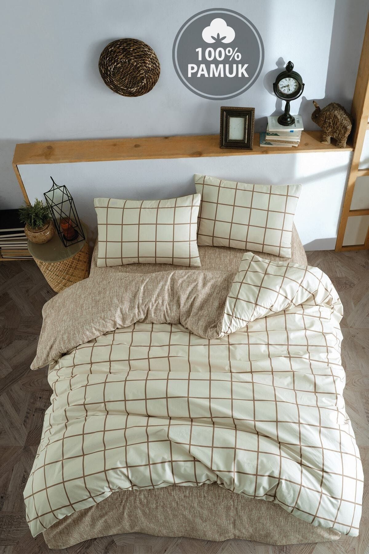 Casa Carina Ranforce Double Fitted Sheet Duvet Set Checkered Cream 1