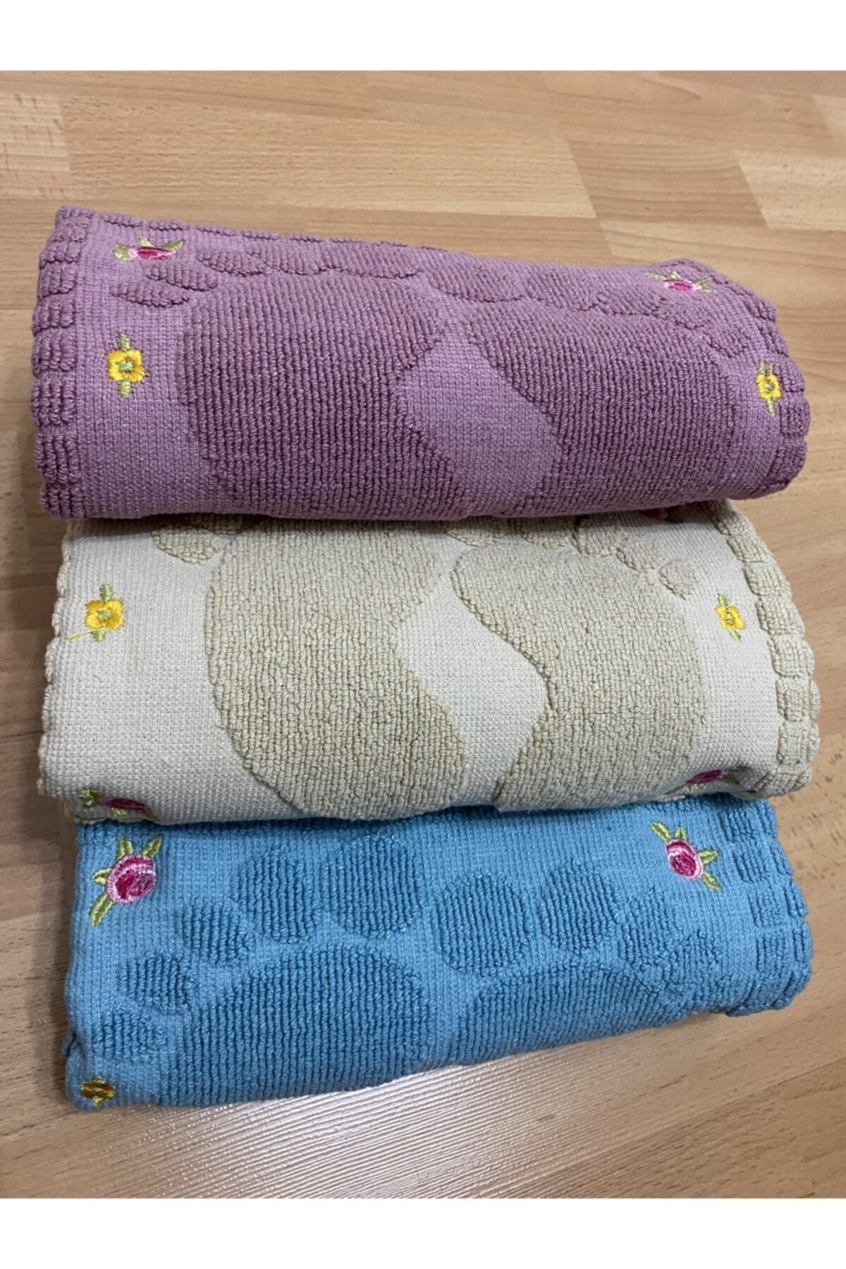 AYHANHOME 3 Pieces 100% Cotton Embroidered Foot Towels Cappuccino * Plum * Petrol Blue 1