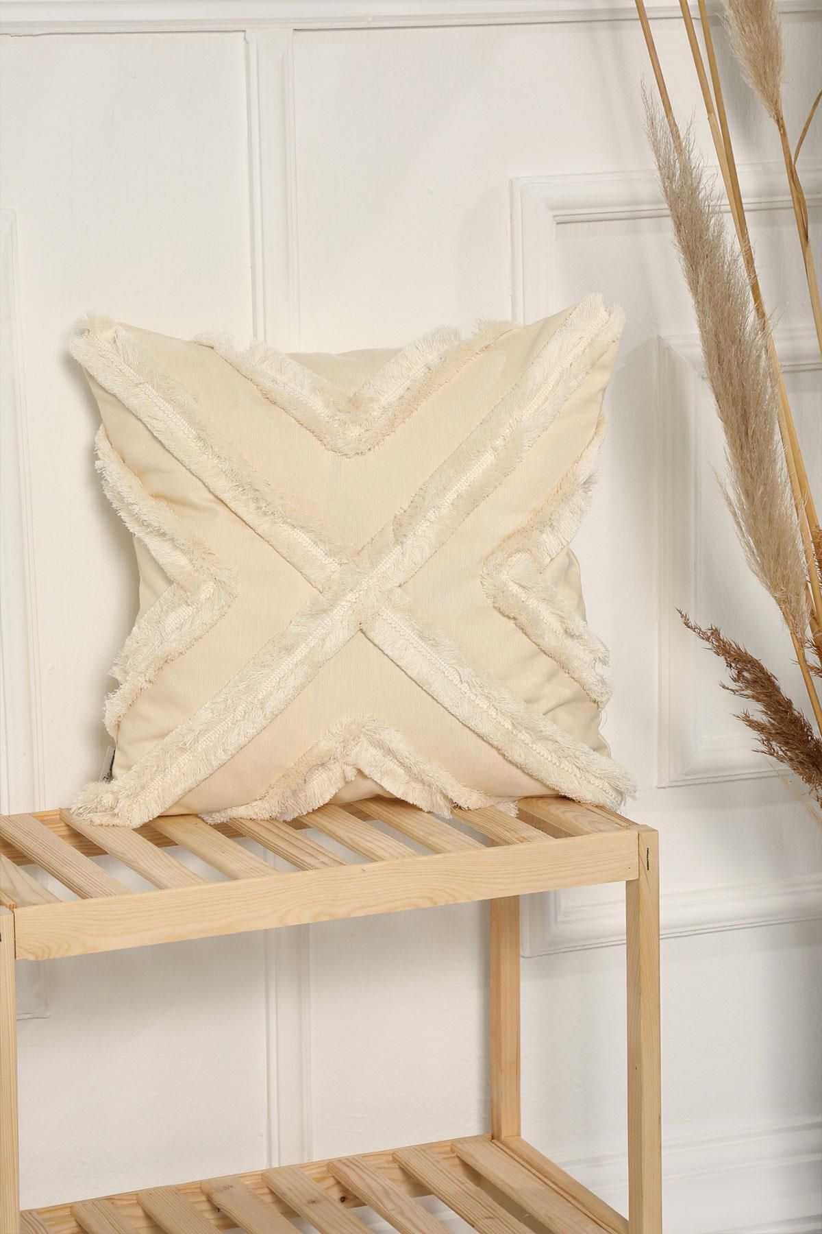 Aisha's Design Fringed Front Design Cushion Cover, Cream, K-127 4