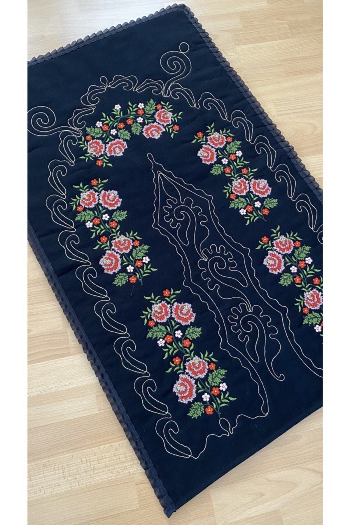 AYHANHOME Black*Red Bridal Cross-Stitch Embroidery 100% Cotton Linen Prayer Rug 1