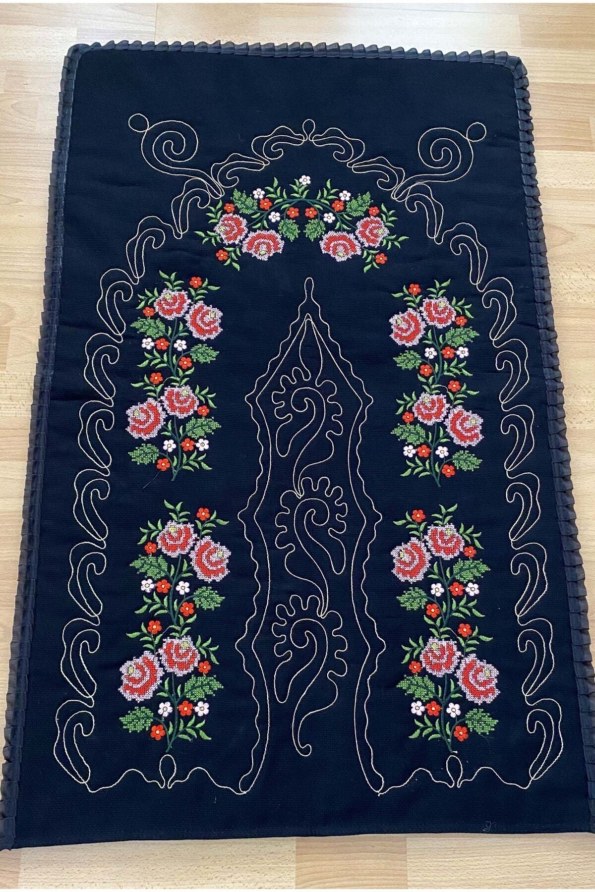 AYHANHOME Black*Red Bridal Cross-Stitch Embroidery 100% Cotton Linen Prayer Rug 2