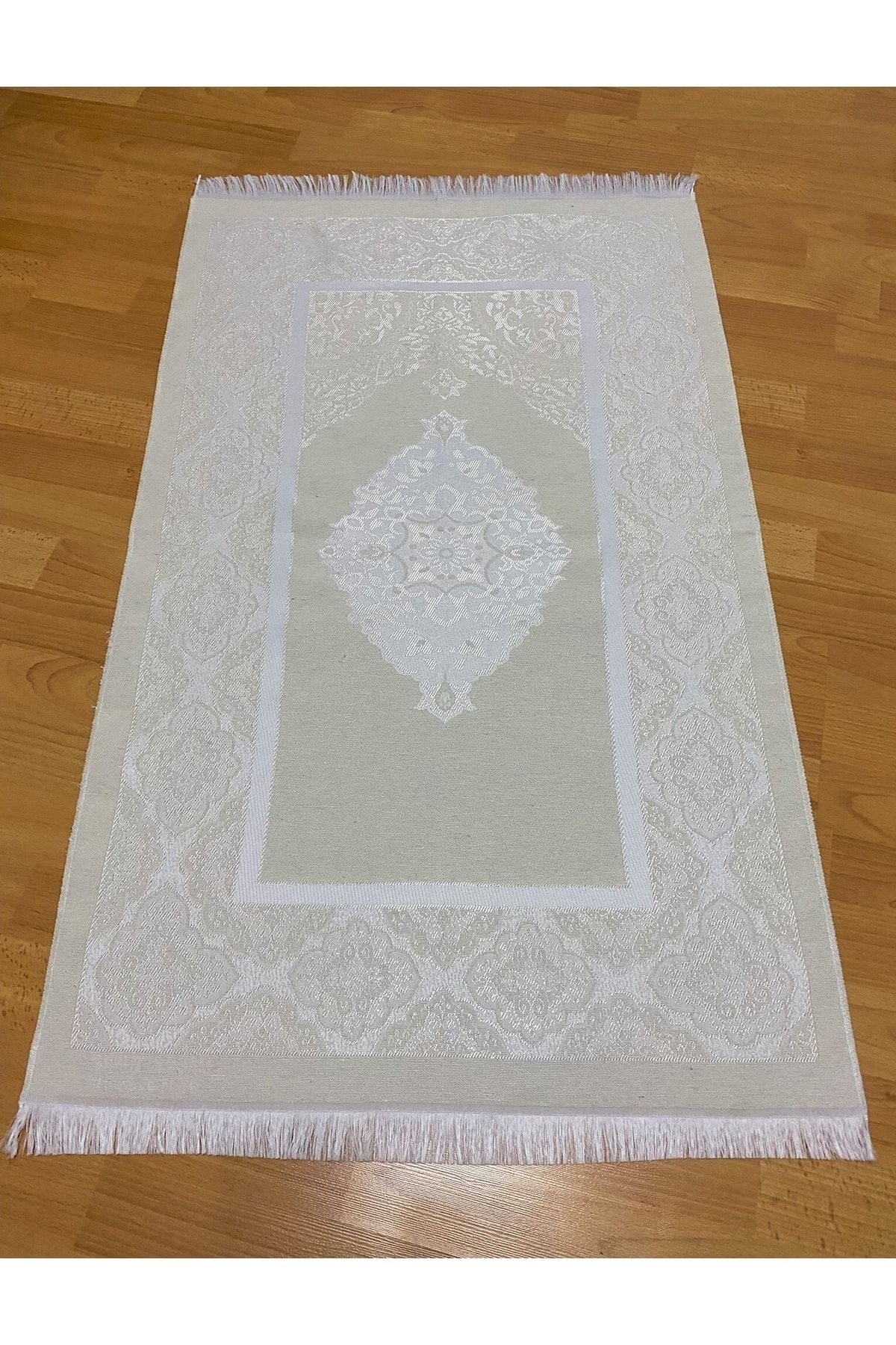 AYHANHOME Bridal Gift Boxed Cream Prayer Rug Set Luxury Taffeta Prayer Rug, Pearl Rosary 2