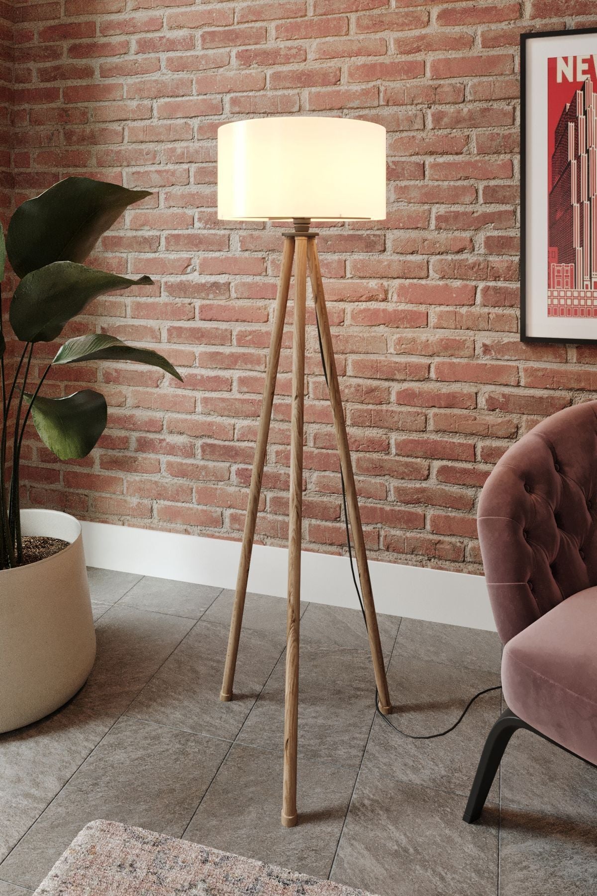 Messer Three-Legged Tripod Floor Lamp Round Shade Cream Brown Base 1