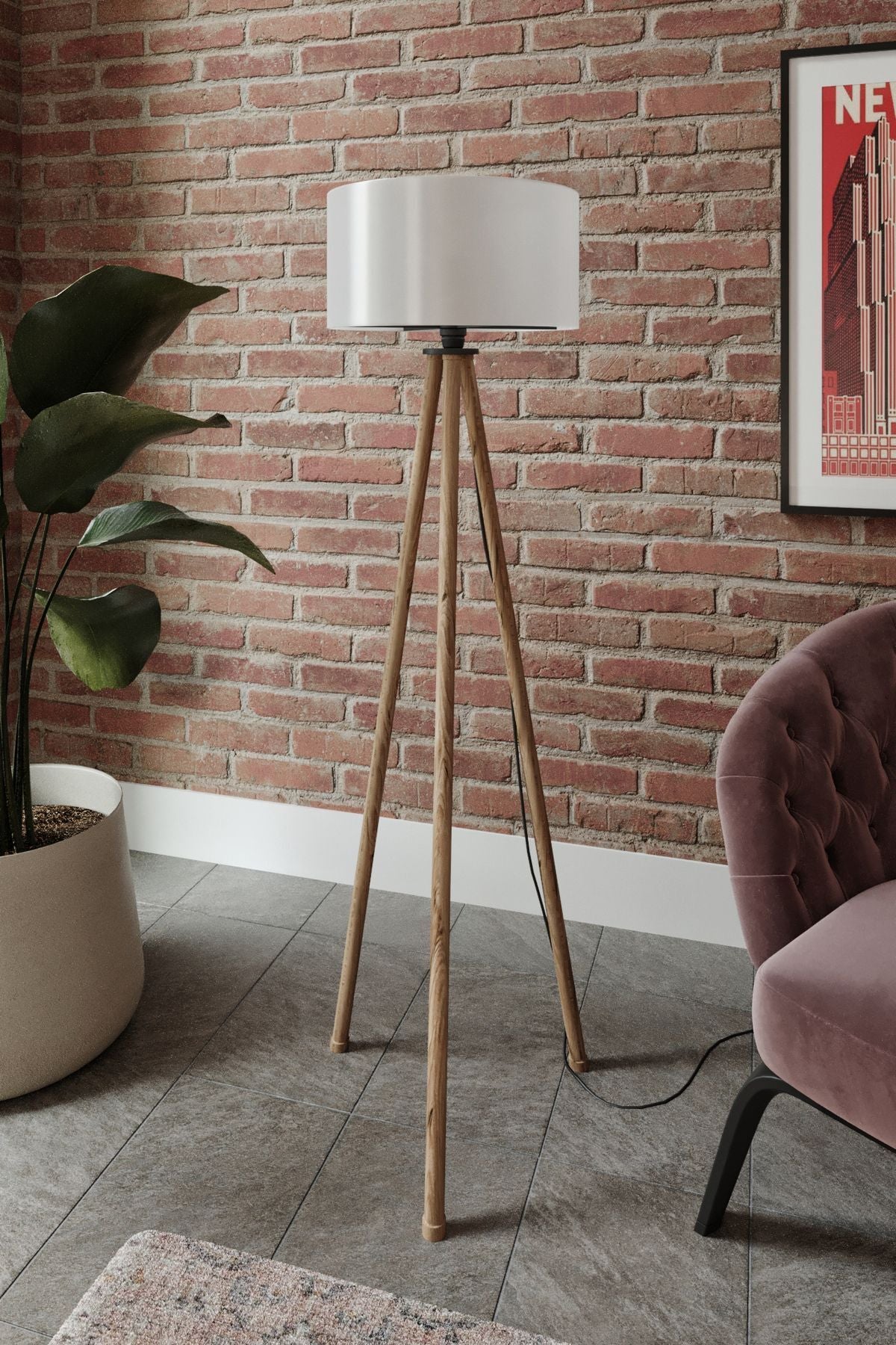 Messer Three-Legged Tripod Floor Lamp Round Shade Cream Brown Base 2