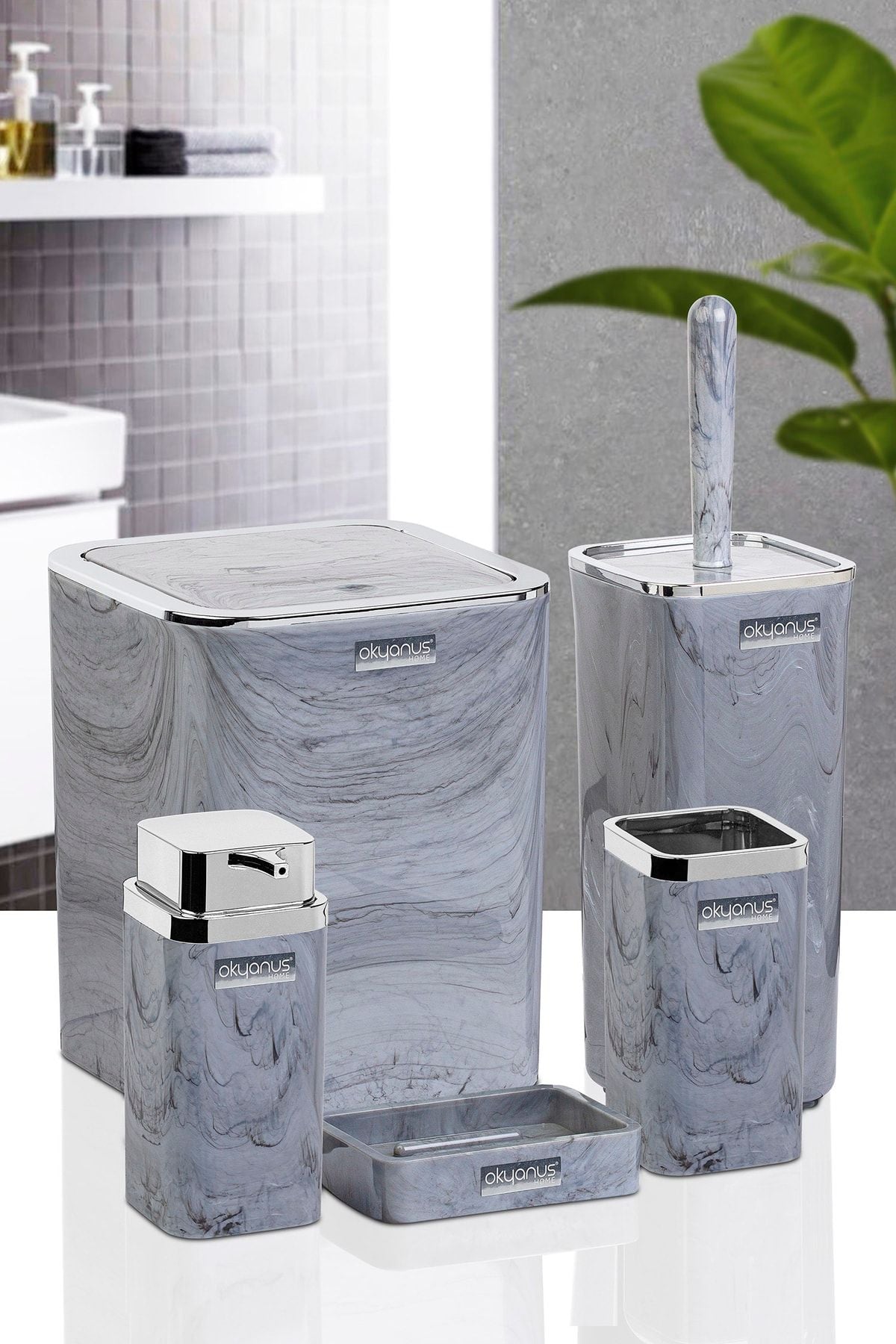 Okyanus Home Square Marble Patterned Bathroom Set 5 Pieces 4