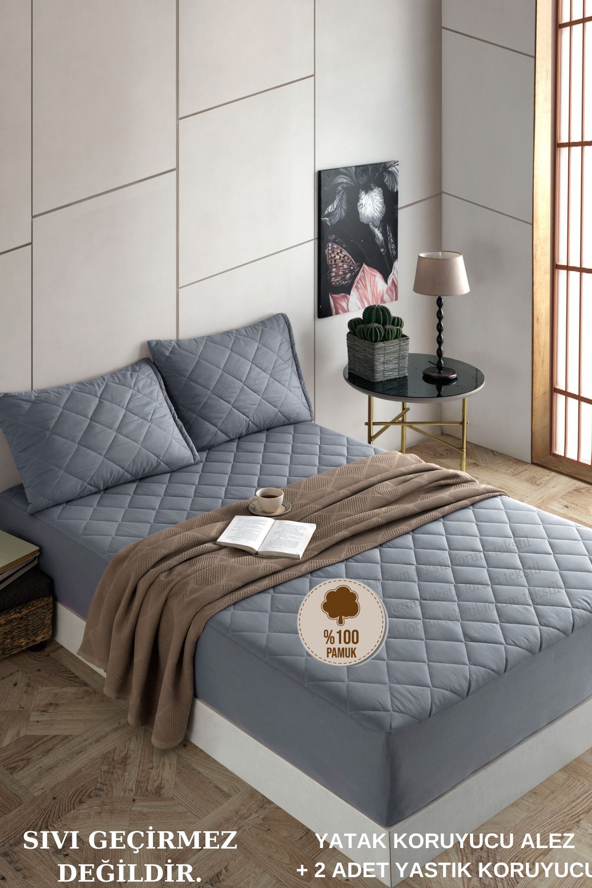 Formeya Set Pamukkale Alez Grey 100% Cotton Quilted Mattress Protector - 2 Pillow Protectors (11 Sizes) 1