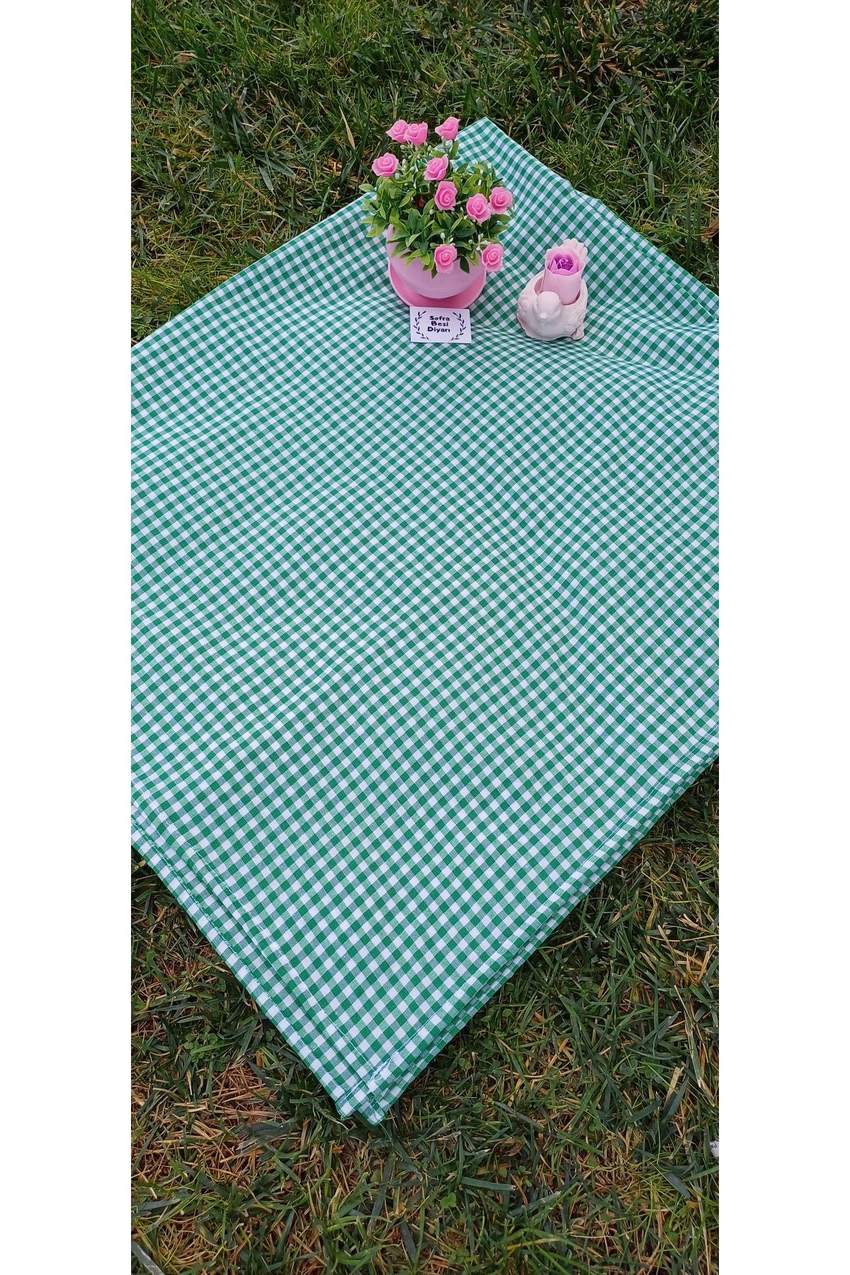 Sofrabezidiyari Piti Checkered Green Tablecloth, Table Cover, Picnic Blanket Cotton 2