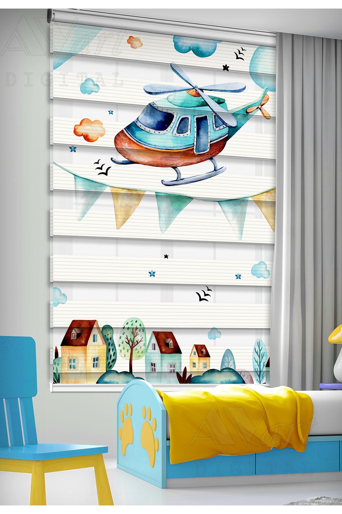 Avart Digital Helicopter Printed Curtain - Children's Room Curtain - Printed Zebra Curtain 1