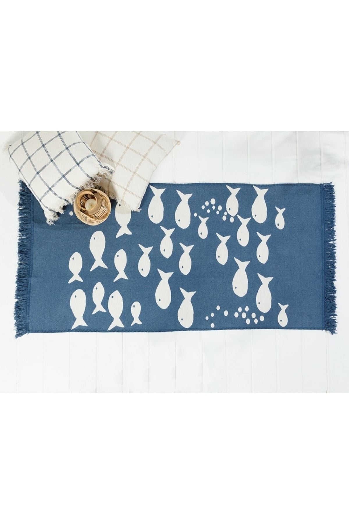 English Home Fish Wave Woven Rug 60x100 Cm Indigo 1