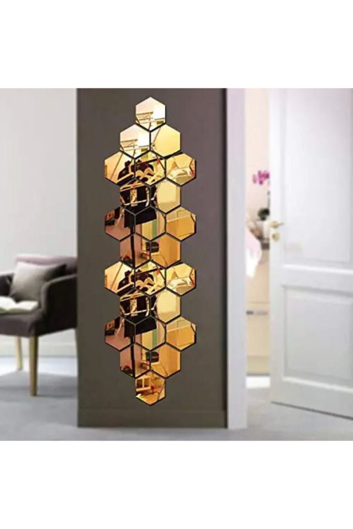 HTS TASARIM Honeycomb Gold Decorative Hexagon 12x Acrylic Mirror 11x12.5cm Wall Plexi with Adhesive Tape 4