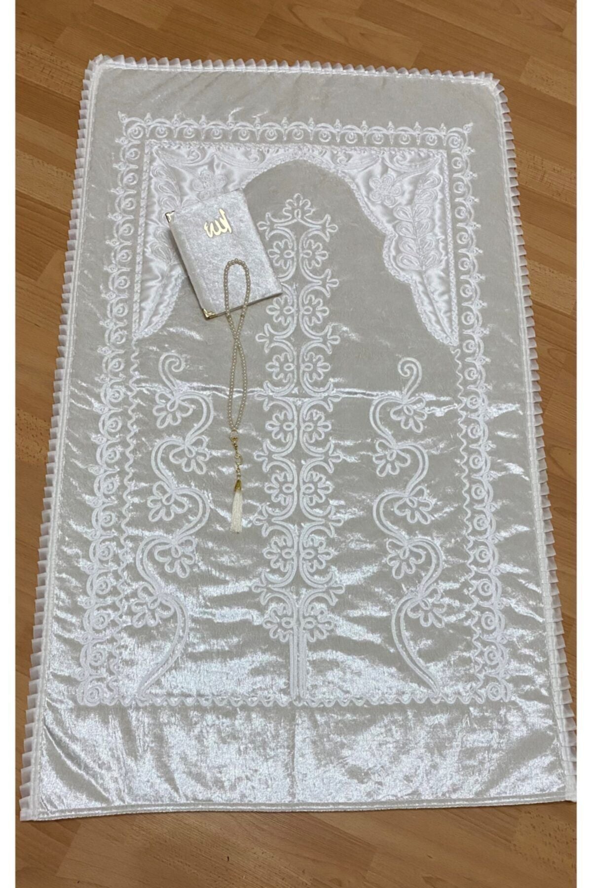 AYHANHOME Cream Velvet Prayer Rug 3-Piece Bridal Dowry Set 1