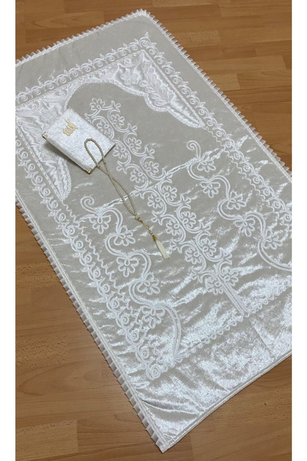 AYHANHOME Cream Velvet Prayer Rug 3-Piece Bridal Dowry Set 2