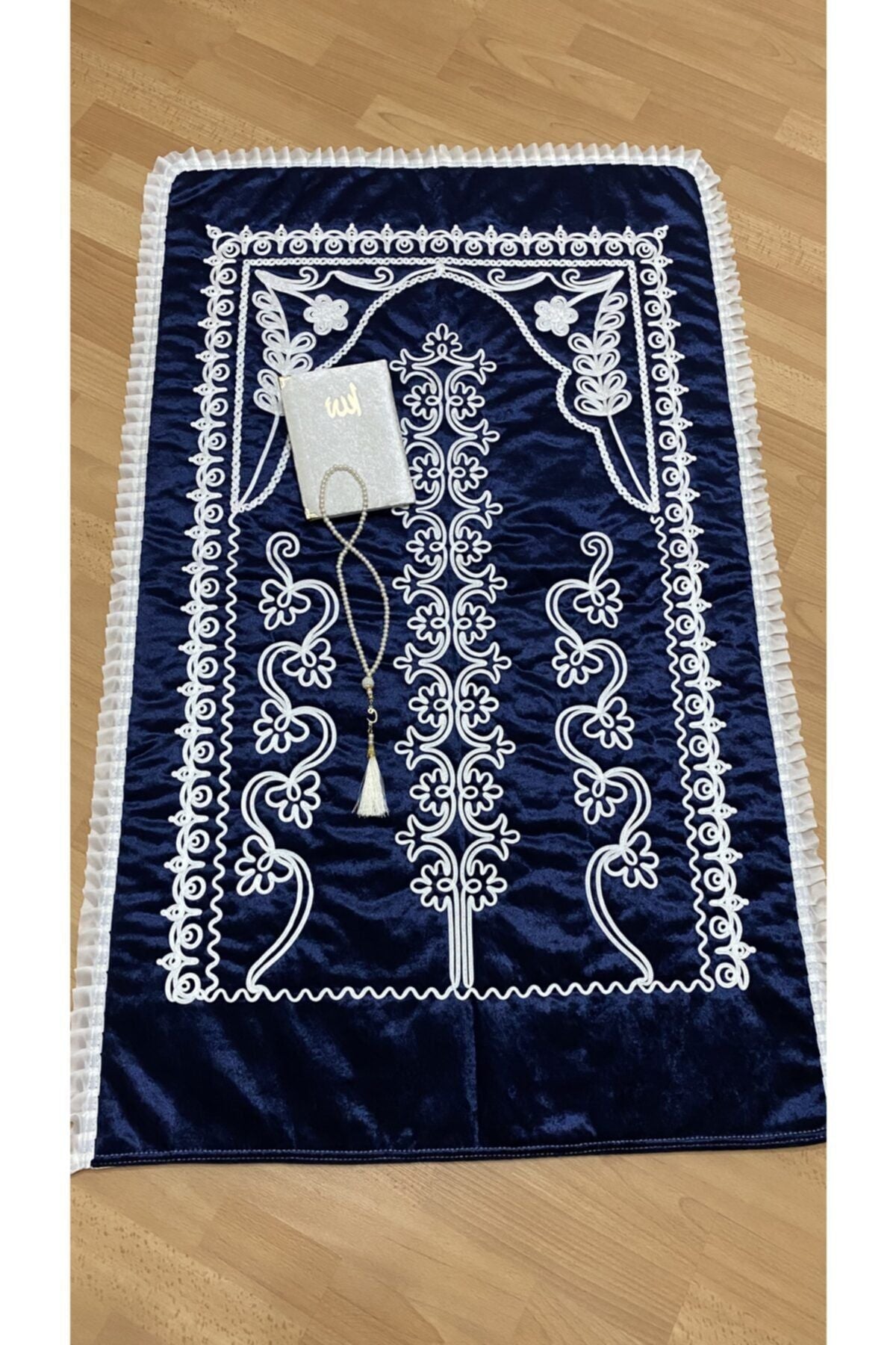 AYHANHOME Lacivert Velvet Prayer Rug 3-Piece Bridal Dowry Set 1