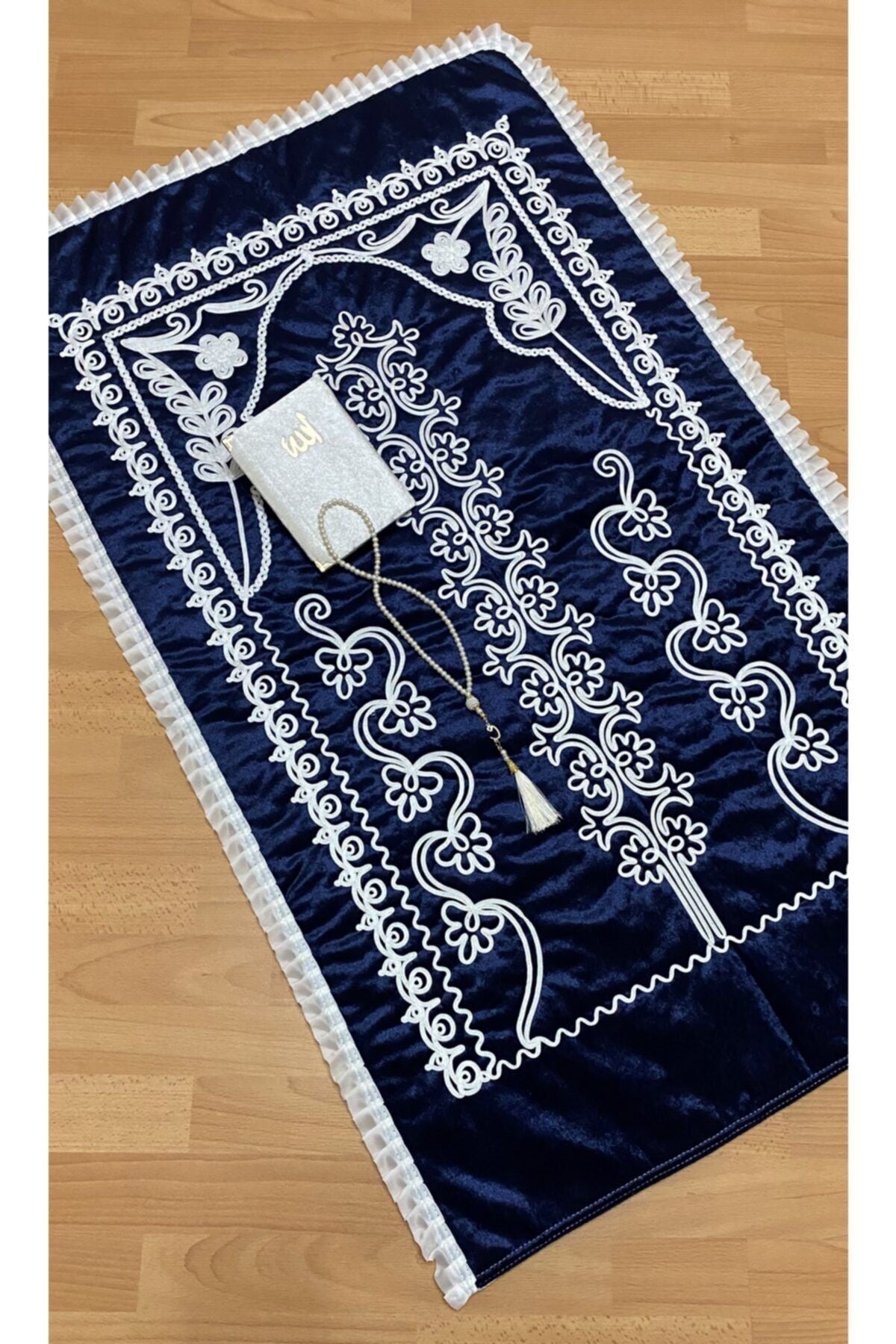 AYHANHOME Lacivert Velvet Prayer Rug 3-Piece Bridal Dowry Set 2