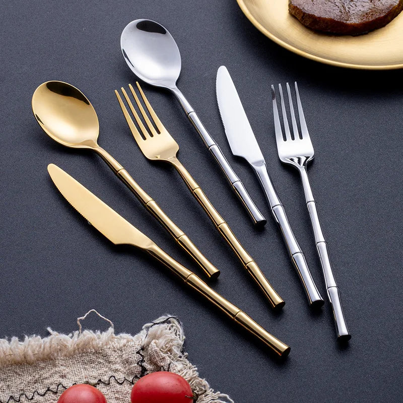 18/10 Cutlery Set Stainless Steel Steak Knife Fork Bamboo Design Golden Dinnerware Set Silver Flatware Set For 6