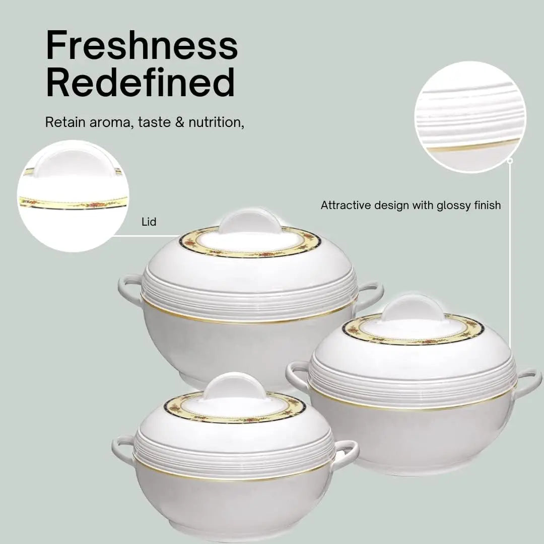 Ambient Insulated Casserole Hot Pot Hot Pack Food Warmer 3 Pieces Set (Beige) 1.6 L, 2.5 L, 3.5 L